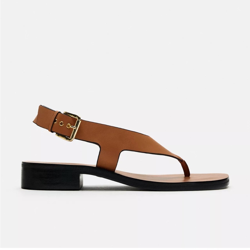 Zara Tan Leather Sandals with Gold Buckle